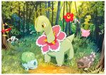  all_fours blue_skin brown_fur bulbasaur colored_skin floating floette floette_(red) flower grass green_skin hazikamiio highres hoppip meganium midair nature outdoors pokemon pokemon_(creature) tree white_skin yellow_eyes zigzagoon 