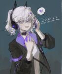  1girl 2020 animal_ear_headphones animal_ears black_choker black_jacket choker dated fake_animal_ears fangs grey_hair hair_between_eyes hair_ornament hands_up headphones heart highres holding holding_phone jacket long_sleeves looking_at_viewer open_clothes open_jacket open_mouth original phone purple_eyes purple_nails shirt simple_background smile solo spoken_heart twintails upper_body white_hair white_shirt youliyouliv 