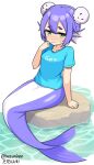  100_percent_orange_juice 1girl blue_shirt blush breasts closed_mouth double_bun fins green_eyes hair_bun hazuein head_fins kneeless_mermaid mermaid monster_girl purple_hair rock shirt short_hair short_sleeves shy simple_background sitting small_breasts solo sweatdrop thick_eyebrows water watty_(orange_juice) wavy_mouth white_background 