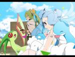  2girls antennae bird blue_eyes blue_hair blue_skin blue_sky claws closed_eyes closed_mouth cloud colored_skin commentary_request double_bun fang fluffy flygon flying_miku_(project_voltage) green_hair green_skin grey_cloak ground_miku_(project_voltage) hair_bun hatsune_miku highres holding holding_map long_hair map multiple_girls open_mouth outdoors p_0_a pokemon pokemon_(creature) project_voltage sky smile standing swablu translation_request twintails vocaloid wings 