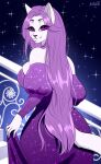 anthro breasts clothing curvy_female curvy_figure digital_media_(artwork) domestic_cat dress felid feline felis female flat_colors fluffy fur hair hi_res long_dress long_hair looking_at_viewer mammal pinup pose purple_hair simple_background sketch solo star white_body white_fur zhadart