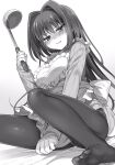  1girl aozaki_aoko apron bed_sheet blush embarrassed frills greyscale hair_intakes hanabana_tsubomi highres holding holding_ladle ladle long_hair long_sleeves looking_at_viewer mahou_tsukai_no_yoru monochrome no_pants on_bed pantyhose ribbed_sweater shirt_tug simple_background solo sweater tearing_up wavy_mouth 