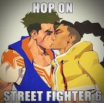  2boys closed_eyes couple cropped_jacket ear_piercing english_text from_side hood hooded_jacket hop_on_among_us_(meme) interracial jacket jamie_siu luke_sullivan male_focus meme multiple_boys piercing profile scarf sleeveless sleeveless_jacket street_fighter street_fighter_6 thick_eyebrows upper_body white_scarf yaoi zonknuckle 