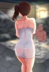  1boy 1girl ass bath brown_hair highres kaga_(kancolle) kantai_collection long_hair mixed-sex_bathing naked_towel nextpp nude onsen shared_bathing short_sidetail side_ponytail sitting standing towel white_towel 