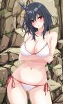  1girl :o arm_under_breasts ass_visible_through_thighs bare_shoulders bikini black_hair blush breasts cleavage collarbone commentary_request cowboy_shot crossed_arms groin hair_between_eyes hair_ornament highres kantai_collection large_breasts legs_apart long_hair looking_at_viewer navel nitamako_(sakamalh) red_eyes side-tie_bikini_bottom skindentation solo swimsuit thighs white_bikini yamashiro_(kancolle) 