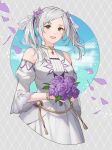  1girl ai_tkkm alternate_costume bouquet bridal_veil brown_eyes commentary_request detached_sleeves dress earrings fire_emblem fire_emblem_awakening floating_hair flower hair_flower hair_ornament highres holding holding_bouquet jewelry long_hair looking_at_viewer open_mouth petals purple_flower purple_rose robin_(female)_(fire_emblem) robin_(fire_emblem) rose smile solo swept_bangs twintails veil wedding_dress white_dress white_hair 