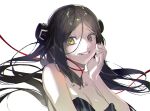  1girl black_collar black_hair breasts cleavage collar detached_collar dreamer_(girls&#039;_frontline) floating_hair girls&#039;_frontline hair_ornament hand_on_own_face highres long_hair looking_at_viewer parted_lips simple_background smile solo teeth upper_body white_background yellow_eyes yongsadragon 