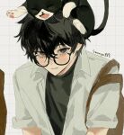  1boy :d amamiya_ren animal_on_head artist_name bag black-framed_eyewear black_eyes black_hair blush cat cat_on_head collared_shirt glasses grid_background grin hair_between_eyes long_sleeves looking_at_viewer male_focus on_head open_clothes open_mouth open_shirt persona persona_5 saamyo355 shirt short_hair sidelocks simple_background sleeves_rolled_up smile solo teeth tote_bag upper_body white_background white_shirt 