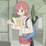  1girl ammunition_belt army_field_manual bob_cut brown_hair fubarmoe highres jacket kalashnikov_rifle nichijou plaid plaid_skirt reading red_hair red_skirt rocket_launcher rpg_(weapon) school_uniform short_hair skirt solo tachibana_misato tokisadame_school_uniform train_interior weapon yellow_jacket 