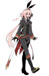  1boy alternate_costume androgynous animal_ears astolfo_(fate) astolfo_(saber)_(fate) belt belt_buckle black_bow black_bowtie black_gloves black_socks black_suit black_vest blush boots bow bowtie buckle buttons collar commentary_request eyes_visible_through_hair fake_animal_ears fang fate/apocrypha fate/grand_order fate_(series) formal full_body gloves hair_between_eyes hair_intakes haoro highres lapels long_hair long_sleeves looking_at_viewer low_twintails male_focus mary_janes multicolored_hair notched_lapels open_mouth pants pink_hair purple_eyes rabbit_ears red_belt red_ribbon ribbon scabbard sheath sheathed shoes signature simple_background skin_fang socks solo standing streaked_hair suit sword twintails twitter_username vest weapon white_background white_collar wing_collar 