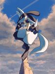  closed_mouth cloud commentary_request day frown full_body highres kuchiba_(jret2454) looking_down lucario outdoors pink_eyes pokemon pokemon_(creature) signature sky solo standing standing_on_one_leg 