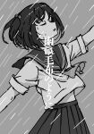  1girl :d absurdres amemori_sayo closed_eyes cowboy_shot facing_up floating_hair greyscale highres monochrome neckerchief nijisanji nkymyura open_mouth parted_bangs pleated_skirt rain sailor_collar school_uniform serafuku shirt short_hair short_sleeves sidelocks skirt smile solo translation_request virtual_youtuber wet wet_hair wind wind_lift 