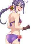  1girl akebono_(kancolle) akebono_kai_ni_(kancolle) alternate_costume ass bell bikini breasts brown_gloves chirashi_(so) flower gloves hair_bell hair_flower hair_ornament highres jingle_bell kantai_collection long_hair purple_bikini purple_eyes purple_hair side_ponytail simple_background small_breasts solo standing swimsuit white_background 