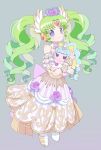  1girl animal bare_shoulders bridal_gauntlets closed_mouth colored_eyelashes commentary_request cropped_legs crown dress falulu falulu_(awakened) flower forehead_jewel gold_trim green_hair grey_background grey_eyes headphones highres holding holding_animal idol_clothes ku_(residual666) long_hair looking_at_viewer parted_bangs pretty_series pripara purple_flower purple_rose rose sidelocks simple_background smile solo standing striped_clothes striped_dress twintails unicorn unicorn_(pripara) vertical-striped_clothes vertical-striped_dress wing_hair_ornament 