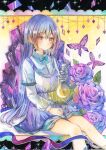  1girl blue_bow blue_hair blush bottle bow bowtie bug butterfly closed_mouth crescent crystal dress feet_out_of_frame flower gem highres long_hair long_sleeves looking_at_viewer original painting_(medium) purple_butterfly purple_eyes purple_flower purple_rose rose shioconbu shirt sitting solo traditional_media watercolor_(medium) white_shirt 