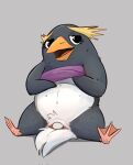 anthro anus avian beak bird bodily_fluids clothed clothing clothing_lift egg female feral flippers fur hi_res honeymono looking_at_viewer narrowed_eyes open_mouth oviposition partially_clothed penguin presenting semi-anthro simple_background sitting slit sweat sweatdrop