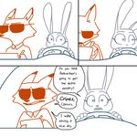  anthro canine car clothed clothing comic dialogue disney duo eyewear female fox judy_hopps lagomorph male mammal nick_wilde paper pen police_uniform rabbit speech_bubble steering_wheel sunglasses text the_weaver uniform vehicle zootopia 