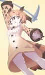  1girl absurdres bird_girl bird_tail bird_wings brown_background brown_coat brown_eyes brown_hair coat eurasian_eagle_owl_(kemono_friends) feathered_wings head_wings highres holding holding_wand kemono_friends looking_at_viewer lowlandgorilla pantyhose short_hair simple_background solo tail wand wings 