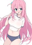  1girl absurdres blue_buruma blue_eyes blush bocchi_the_rock! breasts buruma commentary cube_hair_ornament gotoh_hitori hair_ornament highres large_breasts long_hair metaljelly midriff navel pink_hair shirt side_ahoge simple_background solo sportswear very_long_hair white_background white_shirt 