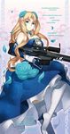 azureyfear_winchell blonde_hair blue_dress blue_eyes blue_flower blue_ribbon boots breasts character_name cleavage collarbone dress flower gloves gun hair_flower hair_ornament heavy_object highres holding holding_gun holding_weapon large_breasts long_hair looking_at_viewer nagi_ryou neck_ribbon ribbon rifle solo thigh_boots thighhighs weapon white_footwear white_gloves white_legwear 