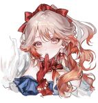  1girl arknights bare_shoulders bow choker closed_mouth cropped_shoulders earrings gloves grey_eyes grey_hair hair_bow hand_to_own_mouth haruka_(arknights) highres jewelry long_hair looking_at_viewer mor1np orange_hair pointy_ears red_bow red_choker red_gloves simple_background solo white_background 