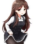  :d arashio_(kantai_collection) blush brown_eyes brown_hair don_(29219) dress dress_lift frilled_dress frills kantai_collection lifted_by_self long_hair long_sleeves looking_at_viewer open_mouth pantyhose pinafore_dress remodel_(kantai_collection) simple_background smile solo white_background 