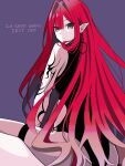  1girl absurdres arm_tattoo back baobhan_sith_(fate) baobhan_sith_(second_ascension)_(fate) earrings fate/grand_order fate_(series) grey_eyes highres jewelry koma315ht long_hair looking_at_viewer pointy_ears red_hair solo tattoo thigh_strap 