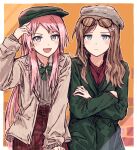  2girls adjusting_clothes adjusting_headwear arm_up bang_dream! bang_dream!_it's_mygo!!!!! beret blue_eyes blush border bow bowtie brown_jacket chihaya_anon closed_mouth collared_shirt commentary cowboy_shot crossed_arms earrings eyewear_on_head fang flat_cap glasses green_bow green_bowtie green_hat green_jacket grey_eyes grey_hat grey_sweater hair_ornament hairclip hat highres jacket jewelry long_hair long_sleeves looking_at_viewer multiple_girls nagasaki_soyo open_mouth orange_background outline outside_border pink_hair red_skirt red_sweater revision shirt sidelocks skirt sweater white_border white_outline white_shirt yukitake_(bullfalk) 