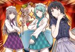  3girls aqua_hair aqua_neckerchief aqua_skirt bang_dream! bang_dream!_girls_band_party! black_hair black_shirt blush buttons center_frills chef closed_mouth commentary cooking_pot cowboy_shot crossed_arms double-breasted frilled_shirt frills green_eyes grey_eyes grey_hair grey_skirt hand_on_own_arm highres hikawa_sayo long_sleeves minato_yukina multiple_girls neckerchief pants pants_under_skirt pleated_skirt purple_neckerchief purple_skirt shirokane_rinko shirt skirt smile standing sweatdrop translation_request white_pants white_shirt yellow_eyes yukitake_(bullfalk) 