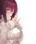  bespectacled bra breasts fate/grand_order fate_(series) glasses hands_together highres large_breasts long_hair red-framed_eyewear red_eyes red_hair ribbed_sweater scathach_(fate)_(all) scathach_(fate/grand_order) see-through semi-rimless_eyewear simple_background solo steepled_fingers sweater tokopi turtleneck turtleneck_sweater underwear white_background 