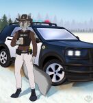 absurd_res anthro canid canine canis car clothing electroshock_weapon hi_res male mammal police police_badge police_car police_officer police_uniform police_vehicle shadowmarshall solo standing taser uniform vampybooxo vehicle weapon wolf