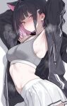  1girl ai-assisted ai-generated animal_ears armpits arms_behind_head black_hair black_jacket blue_archive bra cat_ears colored_inner_hair grey_bra hair_ornament hairclip highres jacket kazusa_(blue_archive) looking_at_viewer midriff multicolored_hair open_clothes open_jacket pink_eyes pleated_skirt skirt sports_bra sportswear sweat sweatdrop tsugu_gumin underwear upper_body white_background white_skirt 