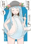  :d blue_hair blush breasts check_translation closed_eyes cowboy_shot facing_viewer food food_on_head fruit fruit_on_head hand_on_hip hat hinanawi_tenshi index_finger_raised long_hair meme_attire multiple_girls nagae_iku no_bra object_on_head open_mouth panties peach small_breasts smile smug solo_focus thighs touhou translated translation_request underwear very_long_hair virgin_killer_sweater white_panties zannen_na_hito 