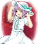  :d bangs blush brown_eyes choker commentary_request cowboy_shot dress frills hat idolmaster idolmaster_cinderella_girls koshimizu_sachiko open_mouth puffy_short_sleeves puffy_sleeves purple_hair red_ribbon ribbon ribbon_choker rimu_(kingyo_origin) short_hair short_sleeves smile snowing solo sun_hat white_dress white_hat 