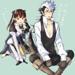  1boy 1girl alternate_hair_color alternate_hairstyle animal_ears aristocratic_clothes black_hair boots brown_hair couple embarrassed female_corrin_(fire_emblem) fire_emblem fire_emblem_fates happy hetero keaton_(fire_emblem) kisaragireki leather leather_boots long_hair mullet multicolored_hair pectoral_cleavage pectorals pointy_ears red_eyes tail two-tone_hair white_hair wolf_boy wolf_ears wolf_tail 