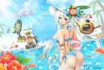  ass bikini blue_eyes bubble cyphers day flower hat hat_flower heart highres long_hair looking_at_viewer looking_back parted_lips petals ravaniz red_eyes robot side-tie_bikini solo_focus striped striped_bikini summer sun_hat swimsuit trixie_(cyphers) twintails very_long_hair wading water waving 