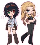  2girls black_pants blonde_hair blue_eyes boots crop_top deformed devil_may_cry_(series) devil_may_cry_4 eyewear_on_head green_eyes hands_on_own_hips heterochromia iluvmyhamster69 jacket jewelry lady_(devil_may_cry) midriff multiple_girls necklace one_eye_closed pants red_eyes shorts simple_background smile thigh_strap tinted_eyewear trish_(devil_may_cry) white_background white_jacket white_shorts 