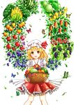  :d apple ascot banana bangs basket blonde_hair blueberry blush bug butterfly commentary_request cowboy_shot crystal dtvisu eggplant flandre_scarlet food frilled_shirt_collar frilled_skirt frills fruit grapes hat hat_ribbon highres holding holding_basket insect leaf lemon looking_at_viewer mango melon mob_cap open_mouth orange plant_wings puffy_short_sleeves puffy_sleeves red_eyes red_ribbon red_skirt ribbon short_sleeves side_ponytail skirt smile solo strawberry touhou watermelon white_background wings 