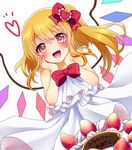  :d alternate_costume bangs bare_shoulders blonde_hair blush bow bowtie cake commentary_request crystal dress drooling eyebrows_visible_through_hair flandre_scarlet food fruit hair_bow hands_on_own_cheeks hands_on_own_face heart heart-shaped_pupils long_hair open_mouth red_bow red_eyes red_neckwear rimu_(kingyo_origin) side_ponytail smile solo strawberry symbol-shaped_pupils touhou translation_request white_dress wings 