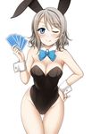  :p ;p animal_ears bare_legs blue_eyes blush bow breasts bunny_ears bunny_girl bunny_tail bunnysuit card cleavage commentary detached_collar grey_hair holding holding_card large_breasts legs_together leotard looking_at_viewer love_live! love_live!_sunshine!! one_eye_closed playing_card short_hair simple_background smile solo standing suzume_miku tail thigh_gap tongue tongue_out watanabe_you white_background wrist_cuffs 