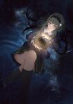  1girl 1other absurdres asukake_project commentary_request crossed_legs green_hair hairband heaven_burns_red highres long_hair lying lying_on_water murofushi_risa narby_(heaven_burns_red) on_back purple_eyes ribbon ripples scenery school_uniform sky slime_(substance) socks star_(sky) starry_sky 