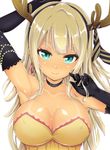  absurdres alessandra_susu arm_up armpits black_legwear blonde_hair blue_eyes blush breasts choker cleavage dark_skin earrings elbow_gloves fake_antlers gloves highres jewelry kazuo_daisuke large_breasts long_hair looking_at_viewer simple_background smile solo tan tanline tokyo_7th_sisters white_background 