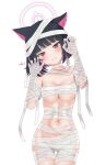  1girl alternate_costume animal_ears bandaged_arm bandaged_chest bandaged_fingers bandaged_hand bandaged_head bandaged_leg bandages bare_shoulders black_hair blue_archive blunt_bangs blunt_ends blush bob_cut breasts cat_ears cat_girl claw_pose closed_mouth colored_inner_animal_ears colored_inner_hair commentary cowboy_shot extra_ears eyelashes halloween_costume halo hands_up head_tilt heart highres kazusa_(blue_archive) looking_at_viewer medium_breasts multicolored_hair mummy_costume naked_bandage navel pink_hair pink_halo red_eyes short_hair simple_background smile solo split_mouth stomach straight_hair thigh_gap toiuwake8140 two-tone_hair underboob white_background 