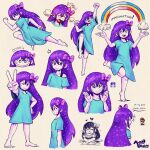  >_o +_+ 1boy 1girl :> alternate_eye_color arms_up arrow_(symbol) artist_name aubrey_(headspace)_(omori) aubrey_(omori) barefoot black_eyes blue_shirt blush bow bra_strap chibi closed_eyes closed_mouth collarbone colored_skin commentary double-parted_bangs eating english_commentary english_text food fruit grawlix hair_bow hand_on_own_hip heart highres holding holding_food indian_style long_hair long_shirt mario mario_(series) marodraws omori one_eye_closed open_mouth pink_bow purple_hair rainbow reference_inset shirt short_sleeves sitting smile sparkle speech_bubble spongebob_squarepants_(series) standing standing_on_one_leg super_mario_world sweat t-shirt teeth upper_teeth_only v watermelon watermelon_slice white_skin 