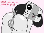  2017 animate_inanimate anthro anus butt canine capital-h dialogue dog female looking_at_viewer mammal nintendo nintendo_switch nude open_mouth pussy pussy_juice simple_background slighty_chubby smile solo switch_dog text video_games 