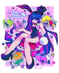  angel animal_ears antique_phone blonde_hair blue_eyes blue_hair border brief_(psg) chibi chuck_(psg) fishnet_thighhighs fishnets gochii_tears highres holding holding_phone honekoneko_(psg) on_stool orange_hair panty_&amp;_stocking_with_garterbelt panty_(psg) phone pink_background pink_hair playboy_bunny rabbit_ears rotary_phone star_(symbol) stocking_(psg) thighhighs third-party_source white_border 