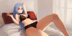  bedroom black_bra black_panties blue_hair bra breasts choker glasses highres indoors large_breasts lingerie little_witch_academia long_hair looking_at_viewer lying navel on_back on_bed panties pillow red_eyes sendrawz smile solo underwear underwear_only ursula_charistes 