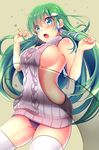  alternate_costume artist_self-insert backless_dress backless_outfit bangs bare_arms bare_back bare_shoulders blue_eyes blush breasts commentary_request cowboy_shot dress frog_hair_ornament green_hair hair_ornament hair_tubes kochiya_sanae large_breasts long_hair meme_attire open_mouth panties purple_panties ribbed_sweater rimu_(kingyo_origin) sideboob snake_hair_ornament solo sweater sweater_dress thighhighs touhou turtleneck turtleneck_sweater underwear very_long_hair virgin_killer_sweater white_legwear 