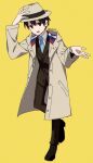  1boy :d black_hair brown_eyes brown_jacket coat collared_shirt commentary_request dress_shirt fedora full_body hair_between_eyes hand_on_headwear hat highres imamiyajet jacket long_sleeves looking_at_viewer male_focus moritsuka_shun necktie occultic;nine open_clothes open_coat open_mouth orange_background pants science_adventure shirt shoes short_hair simple_background smile solo standing suit_jacket white_shirt yellow_background 