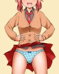  :d ass_visible_through_thighs blue_panties blush bow bow_panties cardigan cowboy_shot cross_of_saint_peter dr_rex fang gabriel_dropout hair_rings hands_on_hips head_out_of_frame kurumizawa_satanichia_mcdowell necktie open_mouth panties pantyshot pantyshot_(standing) pink_hair polka_dot polka_dot_panties red_hair school_uniform short_hair skirt smile solo standing underwear wind wind_lift 